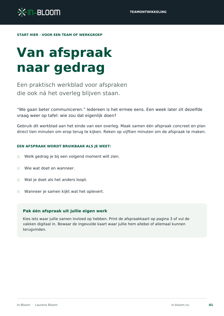 Voorblad van het werkblad Van afspraak naar gedrag